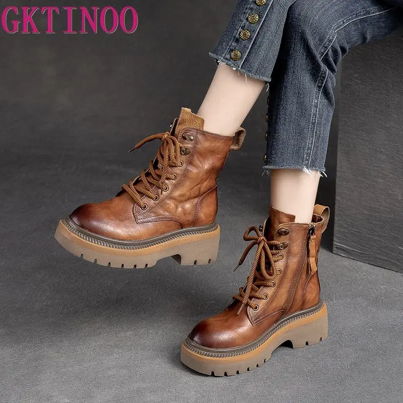 GKTINOO 2024 Cow Leather Quality Women Shoes Autumn Winter Square Med Heel Ankle Boots Lace Up Zipper Ladies Pumps Size 35-40