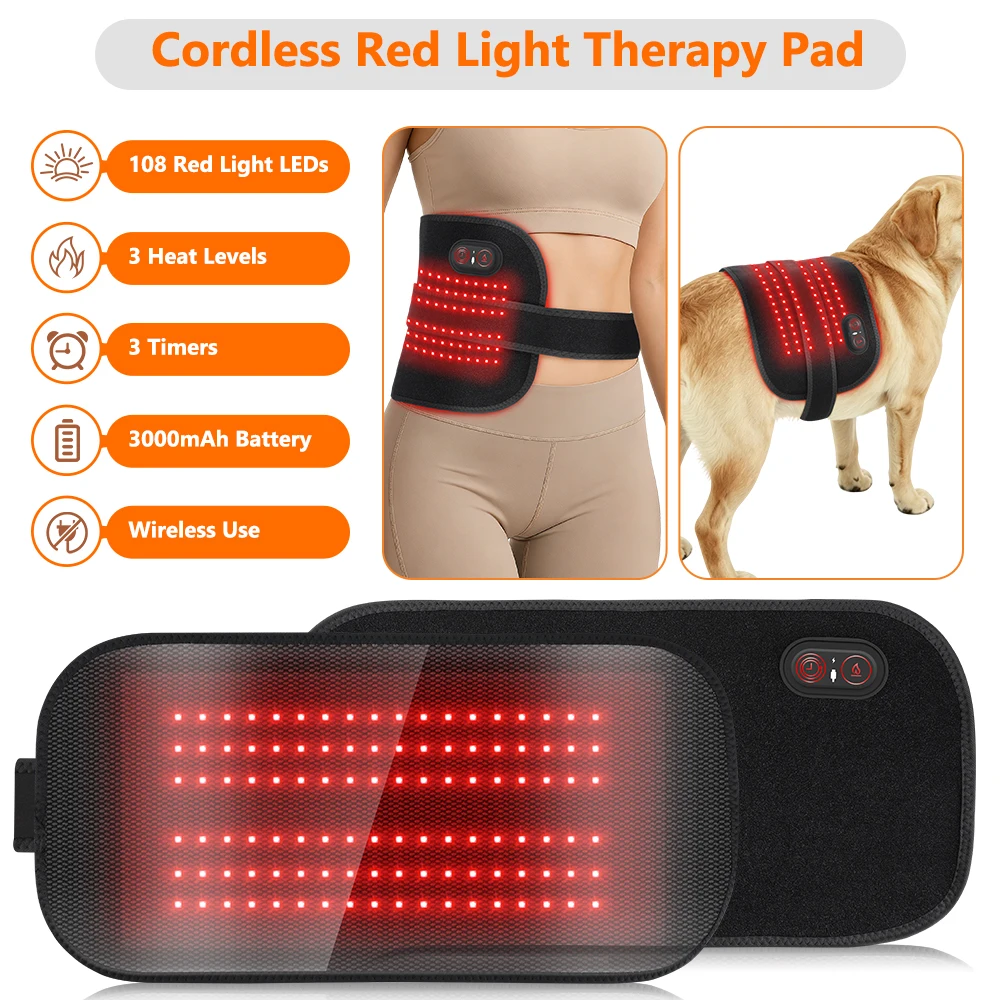 Cordless Red Light Therapy Pad Rechargeable Wireless 660nm LED Therapy Wrap Belt for Belly Back Pain Relief Dog Cat Pet Recovery