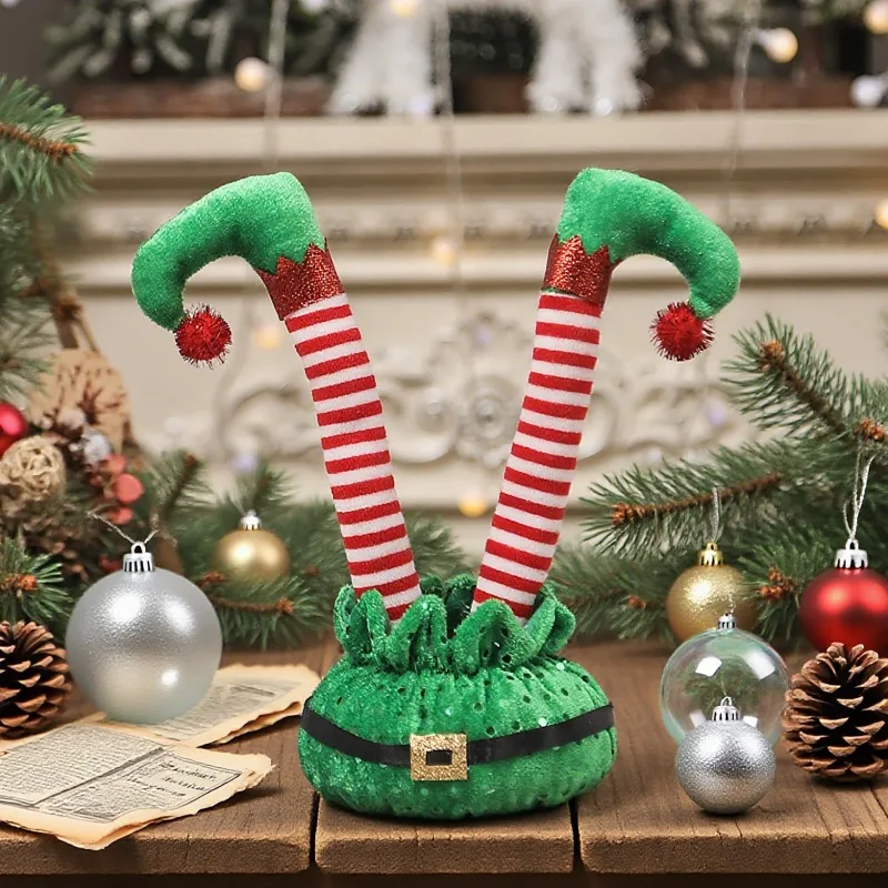 1개 크리스마스 장식 만화 빨간색과 흰색 줄무늬 벨트 엘프 줄무늬 엘프 발 장식 구부러진 크리스마스 분위기 장식