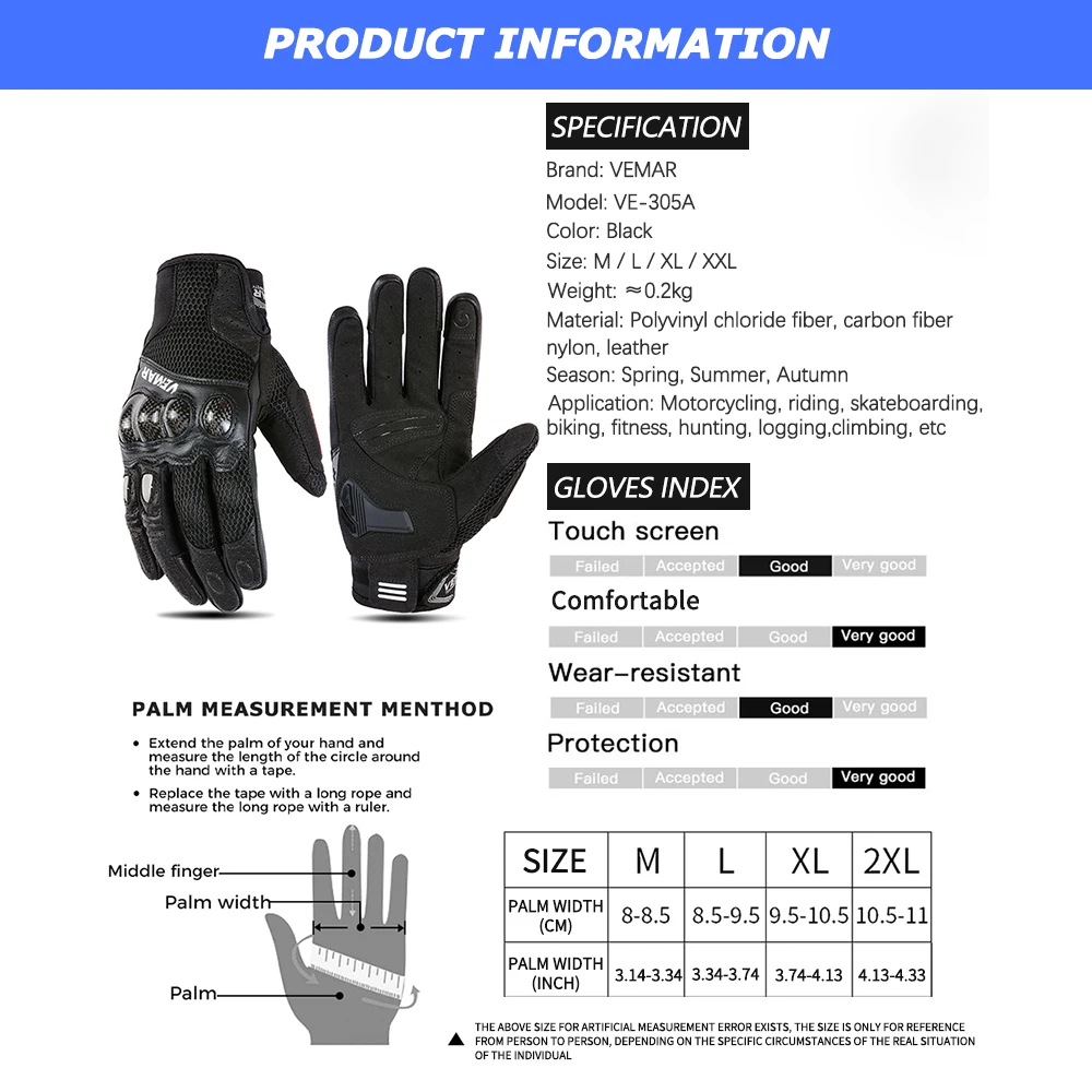 VEMAR Summer Men Motorcycle Gloves Breathable Mesh Motocross Full Finger Gloves Carbon Fiber Shell Motorbike Gloves Touchscreen