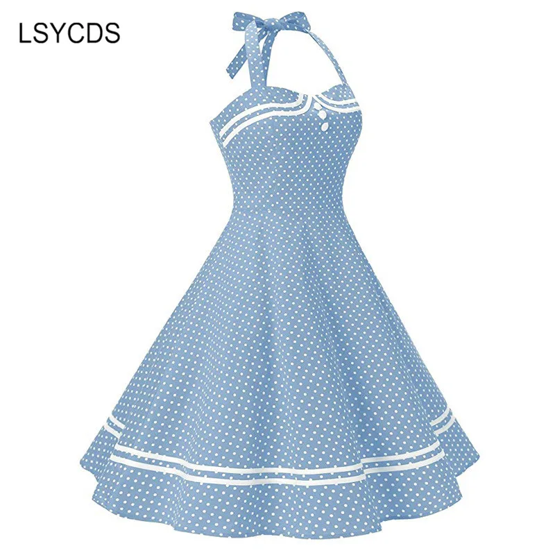 Lsycds bolinhas vestidos vintage para mulher 50s 60s halter pescoço sem mangas vestido mulher midi vestidos a linha vestido de verão novo