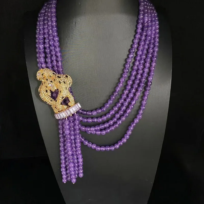 Vintage Heavy Craft Multi Layer Braided Chain Natural Stone Leopard Charm Tassel Necklace Exaggerated Fashion Women Holiday Pres