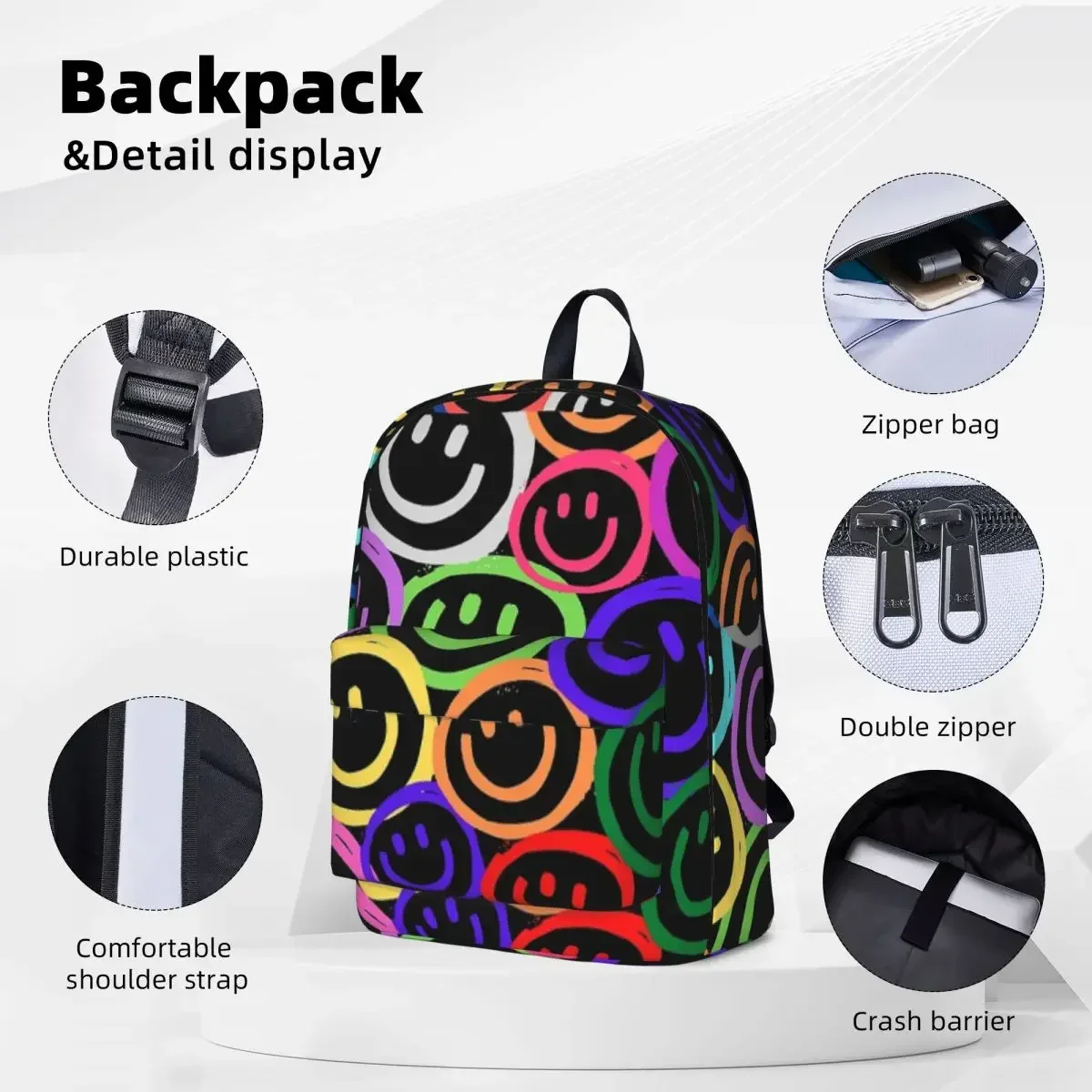 Neon Smiley Faces Backpacks Large Capacity Student Book bag Shoulder Bag Laptop Rucksack Fashion Travel Rucksack School Bag