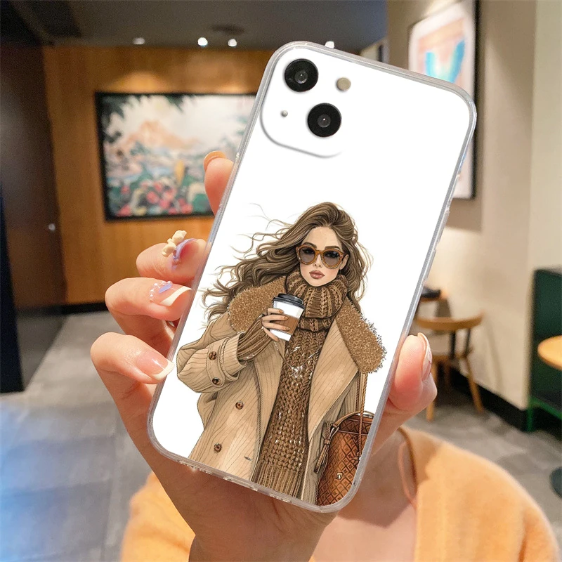 حافظة لهاتف آيفون 16E 15 16 14 13 12 11 Pro Max XS Max 7 8 16 Plus SE2 غطاء شفاف من البولي يوريثان الناعم فتاة بوس أنثى القهوة