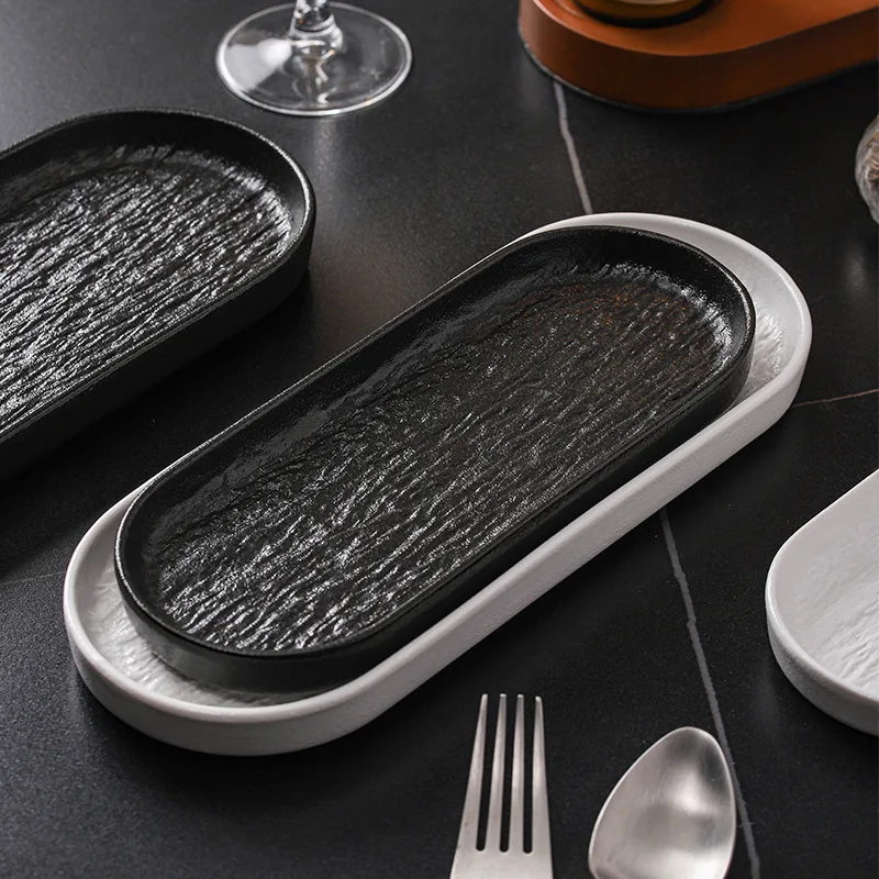 

Rock Texture Long Ceramic Plates, Stylish Rectangular Sushi & Sashimi Plates, Multi-use Serving Trays for Home & Catering