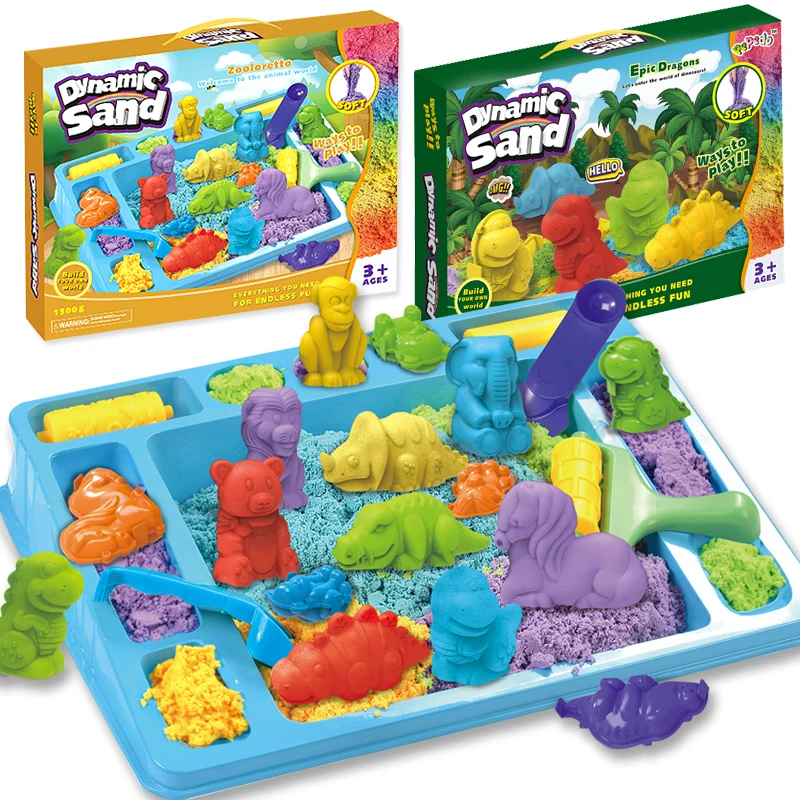 Sensory Sand Bin Toy for Boys Girls Kids, Dinosaurs Animals Molds Play Sand Art Kit, Best Indoor/Outdoor Birthday Christmas Gift