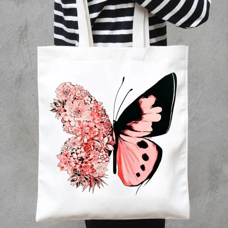 Pink Succulent Butterfly Canvas Tote Bag Floral Butterfly Print Shoulder Bag Reusable Eco Friendly Tote for Women