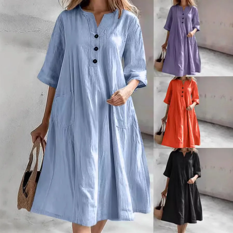 

European and American Women's Dress Women's Medium and Long V-neck Half-sleeved Dress