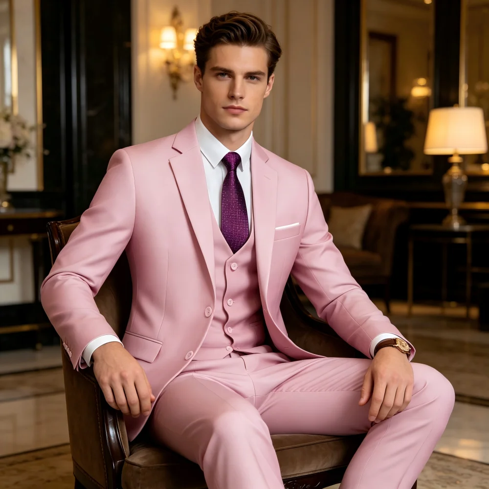 

Мужской костюм-тройка Slim Fit: розовый/синий смокинг для жениха, деловой пиджак, жилет и брюки для мужчин