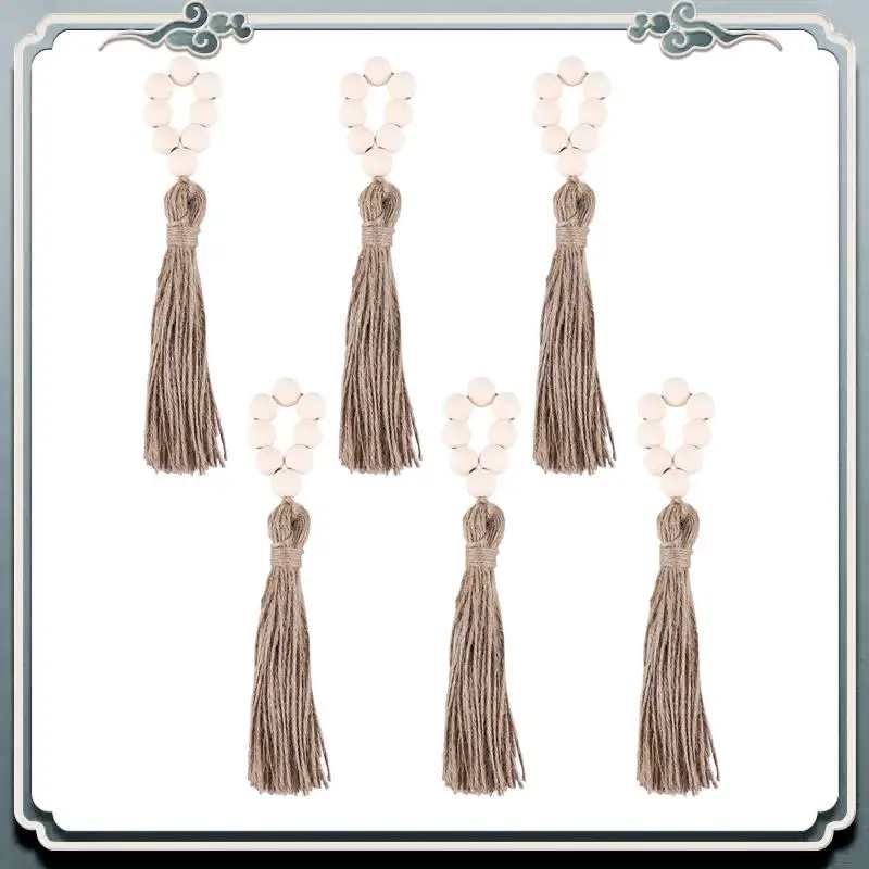 AC76-Set Of 6 Beaded Wood Napkin Rings With Table Setting Wedding Party Décor Accessories Napkin Holder Natural Style