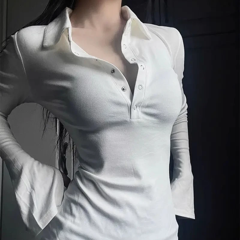 Female Tee Long Sleeve Women's Polo Shirts Spring Autumn Slim Pretty Youth Fashion 2025 T-shirts On Offer Luxury Polyester Basic