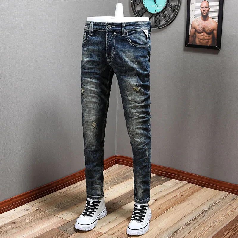 Fashion Vintage Mannen Jeans Retro Blauw Elastische Slim Fit Ripped Jeans Mannen Patched Broek Borduren Designer Casual Denim Broek