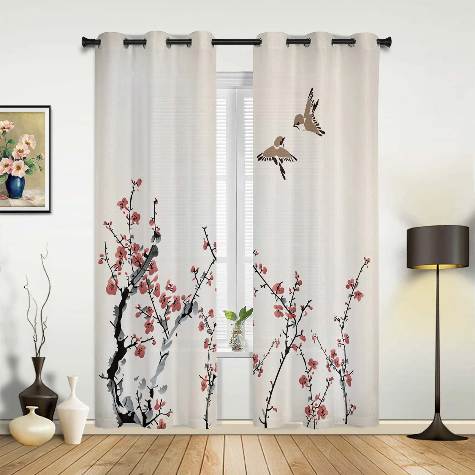 Plum Blossom Chinese Ink Sparrow Curtains for Kid Bedroom Home Decor Kitchen Balcony Drapes Print Living Room Window Curtain