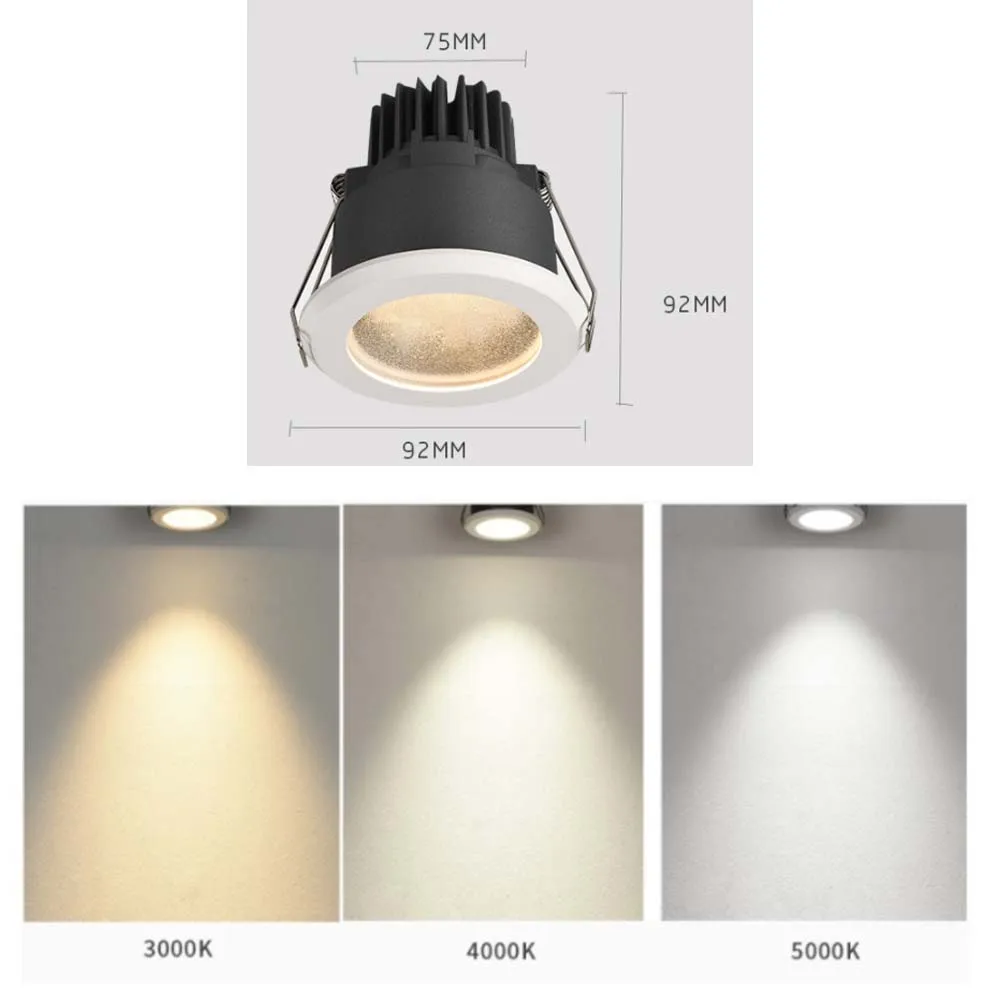 9W IP44 Waterproof Recessed Round COB Ceiling Spotlight Anti Glare Mini Led Downlight for Bathroom Industrial Use