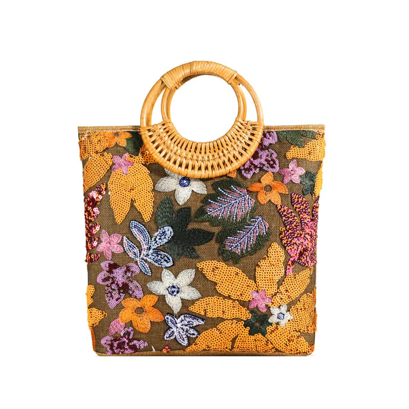 

Summer National Style Woven Tote Bag Women's High-end Niche Sparkling Embroidery Large Capacity Bag Fashionable Casual Handbag