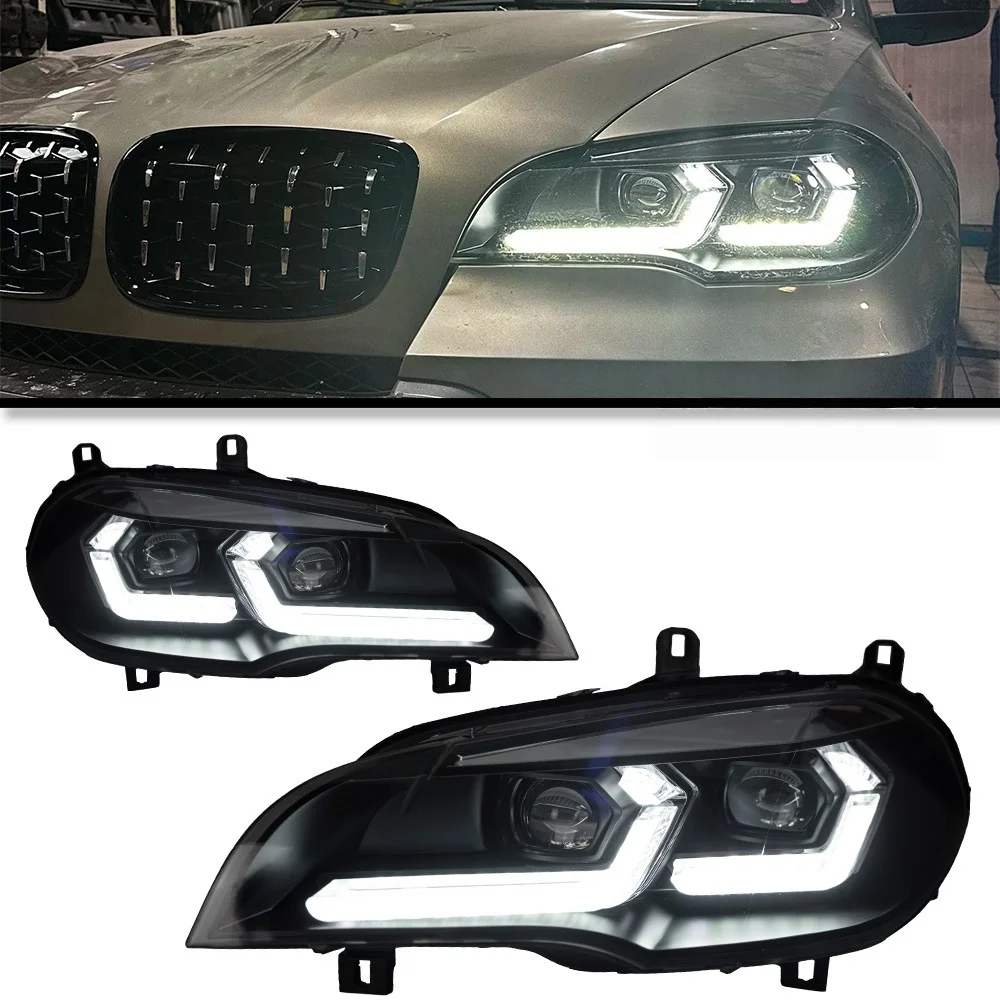 For  X5 E70 2007-2013 Auto LED Headlamp 55W  Projector Lens Design with Daytime Running LED Angel Eye New Condition 12V