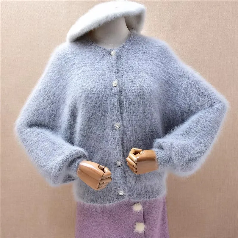 

Ladies Women Fall Winter Clothing Grey Hairy Mink Cashmere Hand Knitted Long Lantern Sleeves Loose Cardigans Sweater Jacket Coat