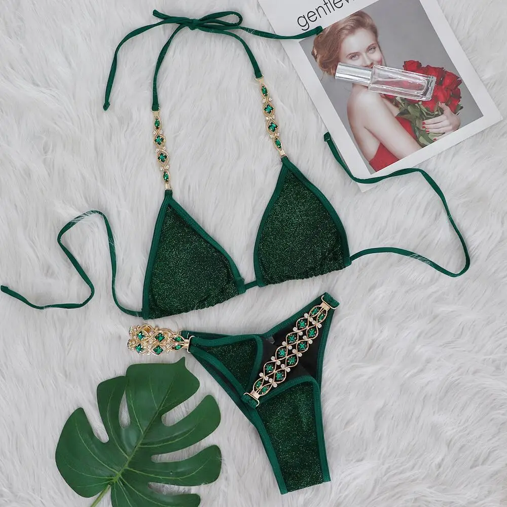 New Shiny Sequins Rhinestone Diamond Bikini Women Swimwear Female Swimsuit Two Pieces Bikini set Halter Bather Bathing Suit Swim
