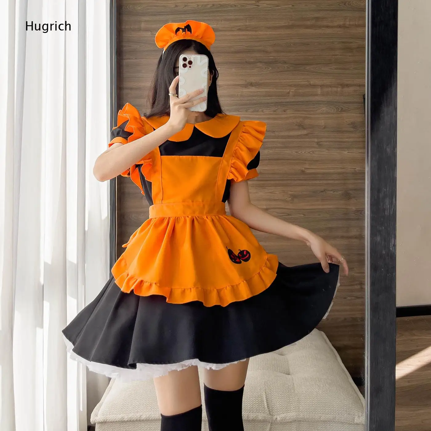 Halloween Themed Two Tone Maid Gown Ruffle Shoulder Sleeve Pumpkin Graphic Apron Matching Hat Cosplay Outfit For Ladies