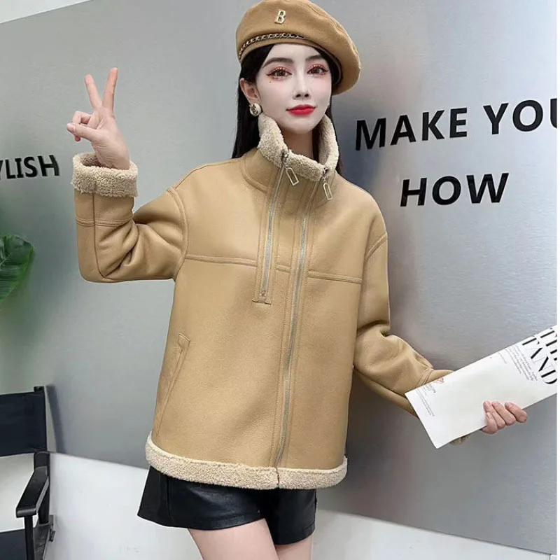 Formale Pelz Eine Leder Jacke Frauen Kurze Motor Fahrzeug Outwear Lose Koreanische Revers Lamm Wolle Winter Neue Dicke Warme Y2k Pelzmantel