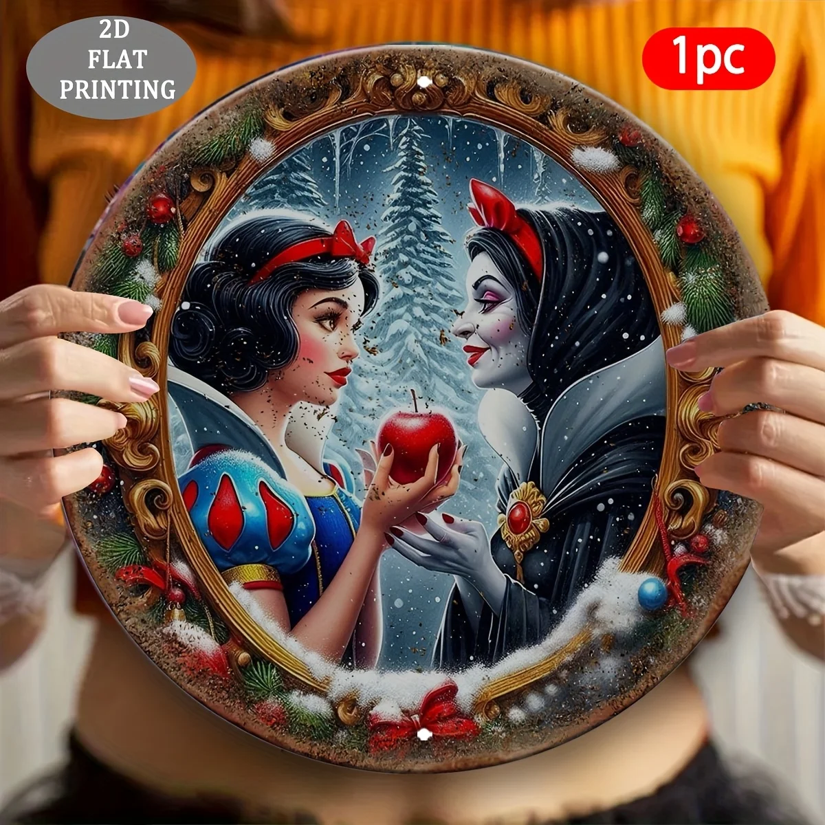مسطح ثنائي الأبعاد - قطعة واحدة من لافتة حائط ألومنيوم مستديرة بطابع الأميرة - تصميم مسطح ثنائي الأبعاد مع مشهد شتوي ثلجي، فستان دانتيل أحمر وديكور تفاح، P