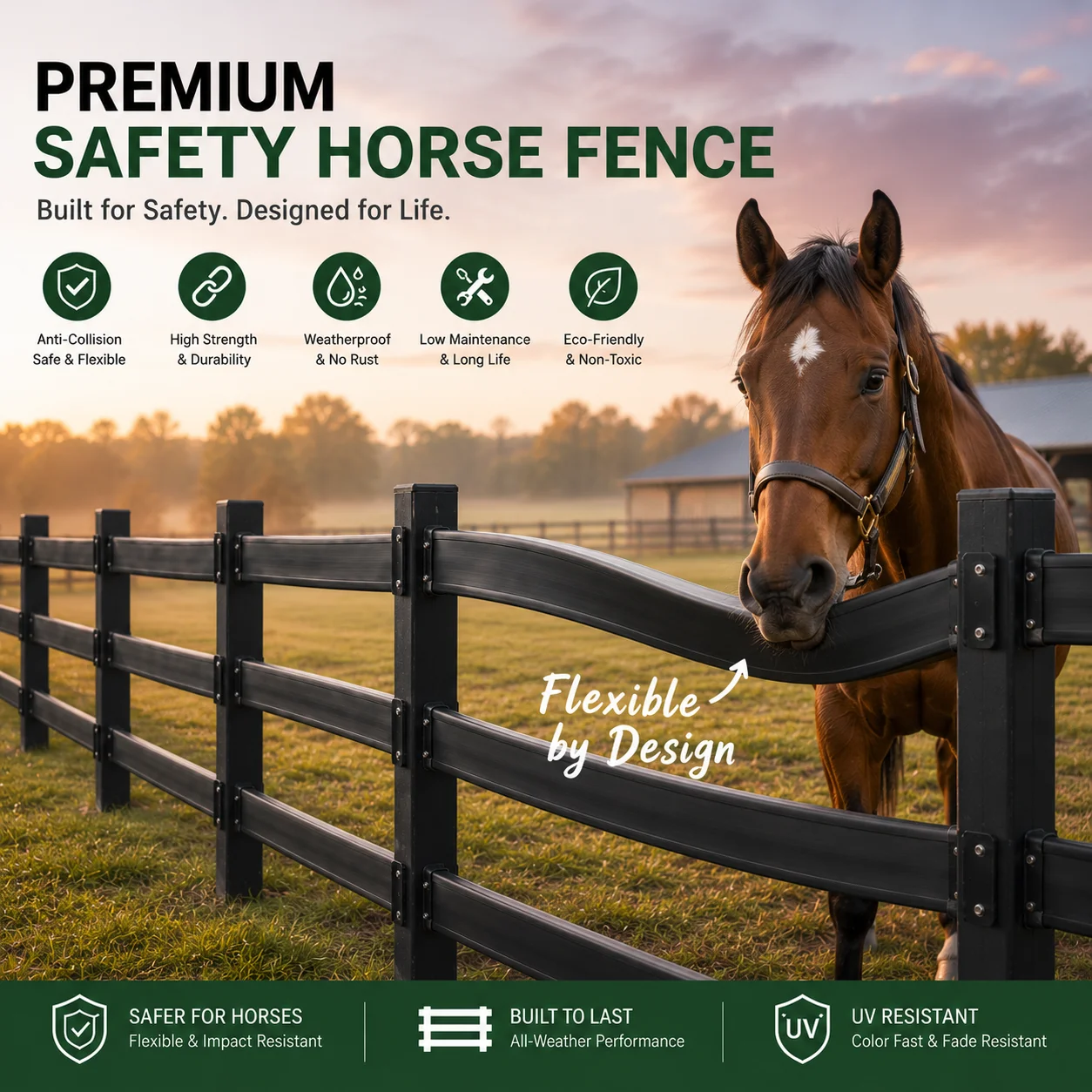 

Easy Install Flexible Horse Rail Fence Roll Vinyl Equine Fencing System Durable Weatherproof Paddock Guard DIY Ranch Secure