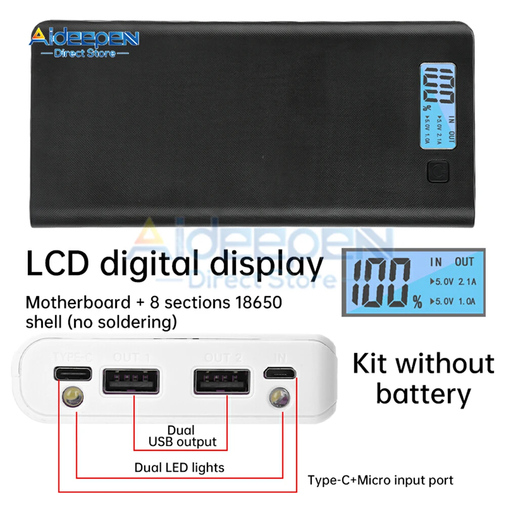 8X18650 แบตเตอรี่ผู้ถือ Dual USB Power Bank แบตเตอรี่กล่องชาร์จโทรศัพท์มือถือ DIY กรณีเชลล์ชาร์จสําหรับ Xiaomi