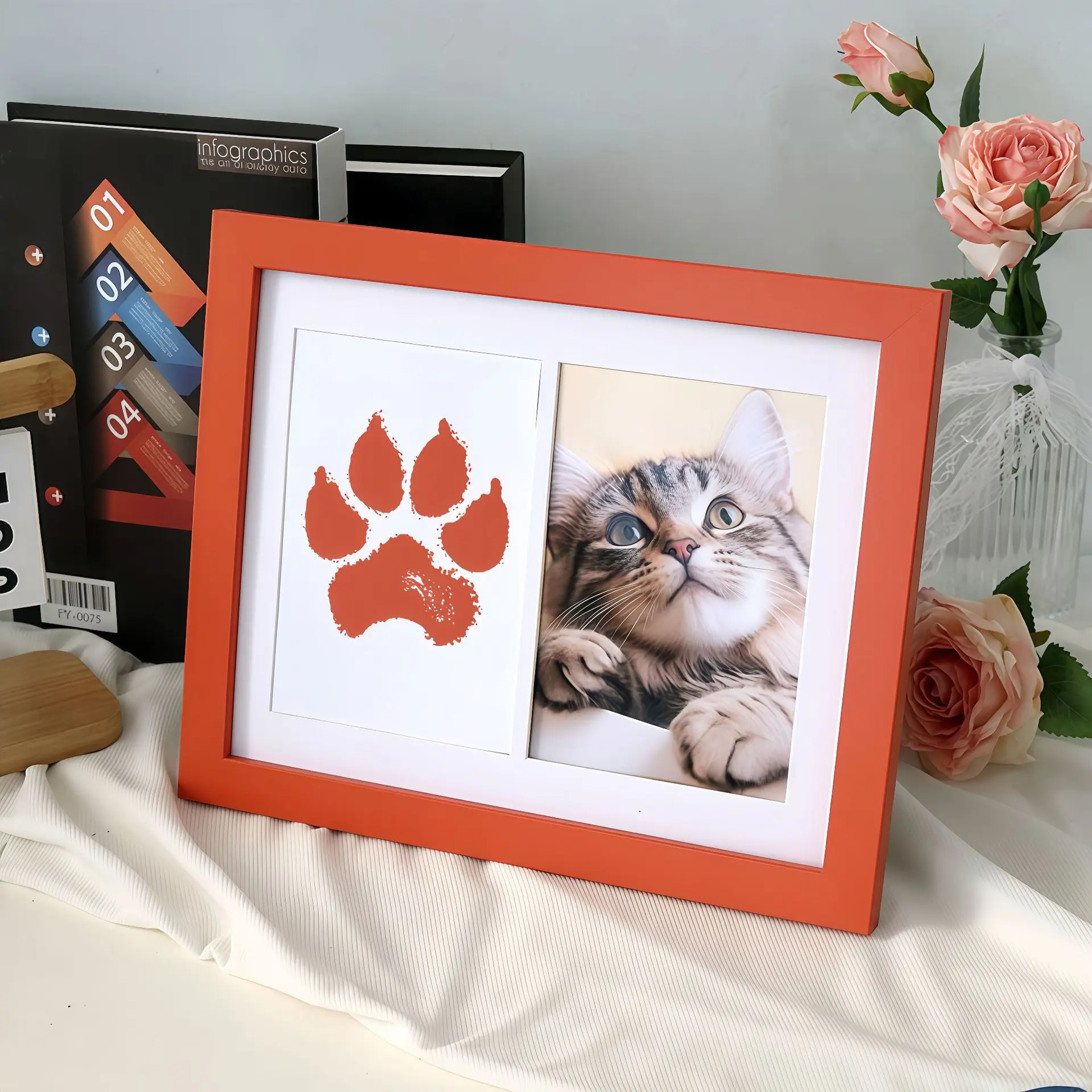 Pet Paw Print Picture Frame with No Mess Inkless Pad Pawprint Kit, Memorial Photo Frame For Dogs & Cats