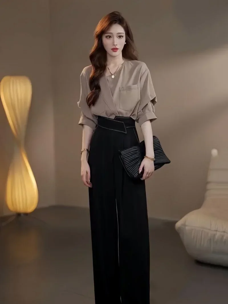 Ladies Trouser Summer 2024 Shirt Baggy Wide Leg Women\'s Blouse and Pants Two Piece Set Business Formal with Sleeve Korean Style