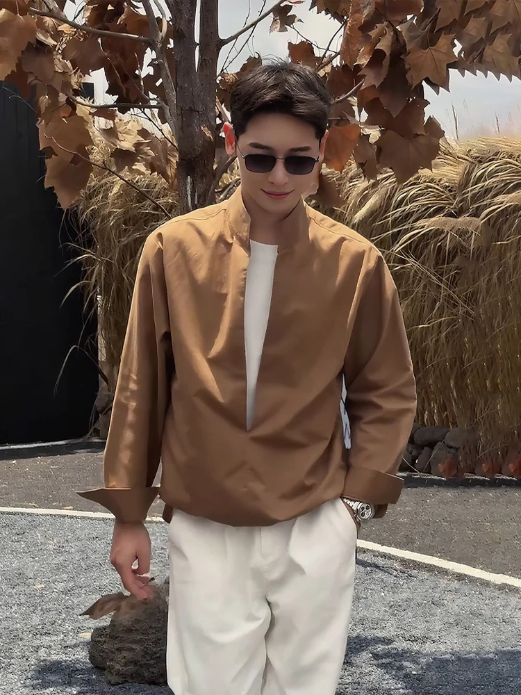 

Caramel New Chinese Sle Long Sve irt Men's Autumn V-ne Casual Linen Fake Two-Piece Outerwear Loose Fit Classy