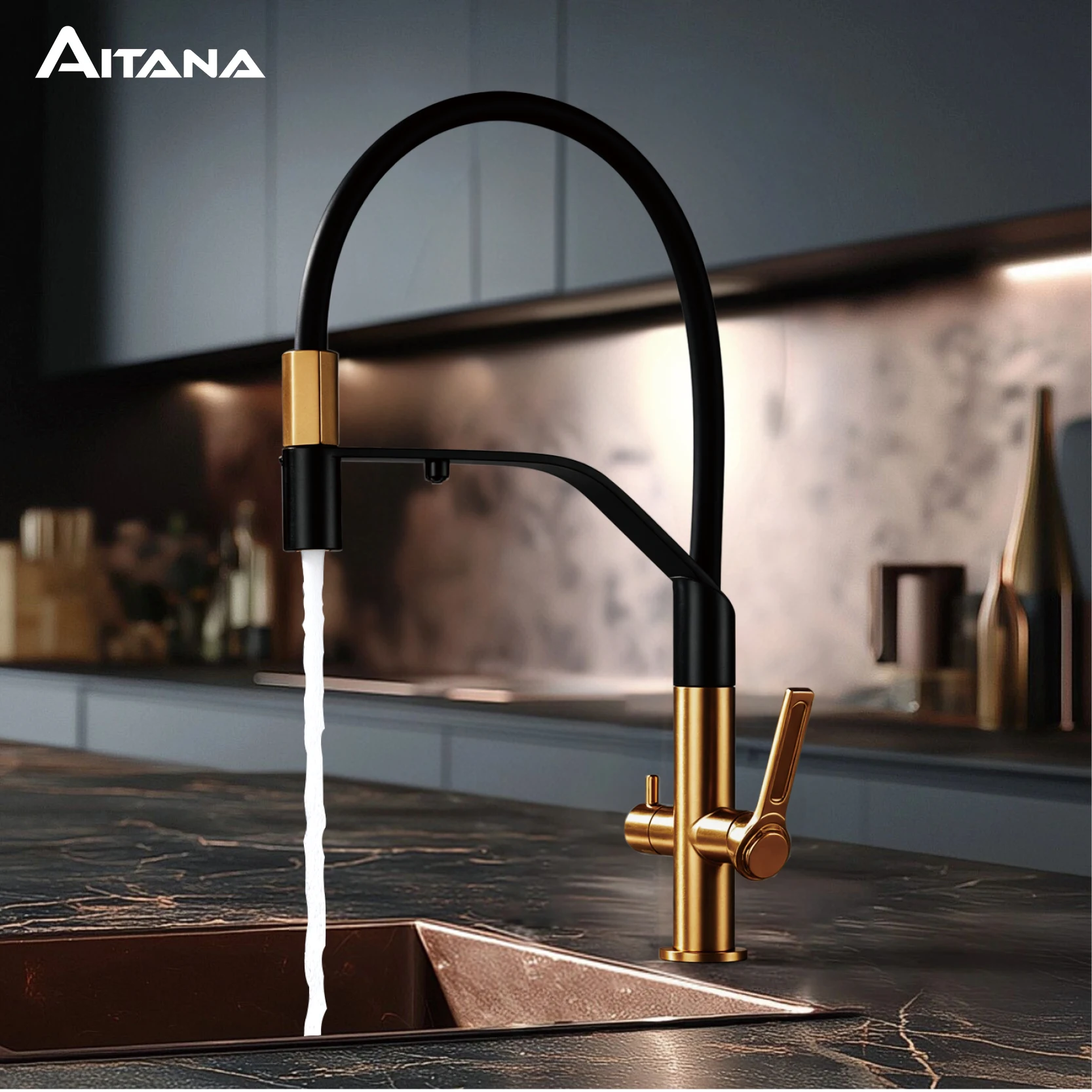 Luxurious 304 stainless steel brushed gold pull-out drinking water 3-in-1 kitchen faucet, hot and cold 2-function sink Tap mixer