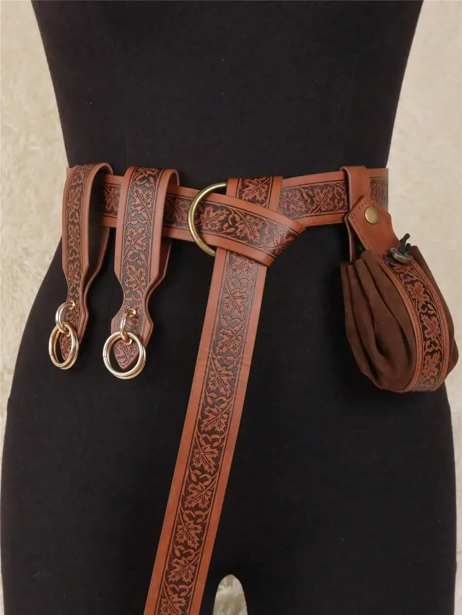 Medieval Embossed Leather Belt Set with Pouch