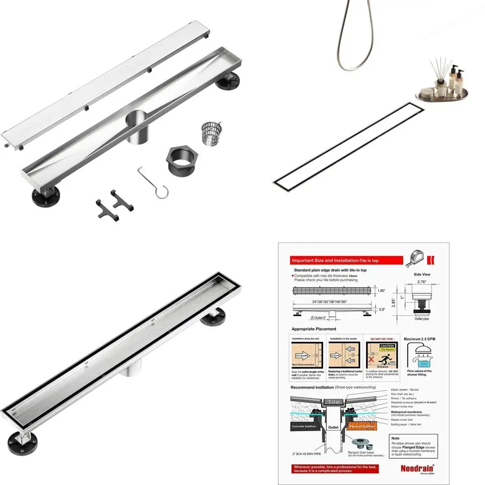 

48-Inch Rectangular Shower Drain with Dual Flat & Tile Insert, Adjustable Feet, Hair Strainer