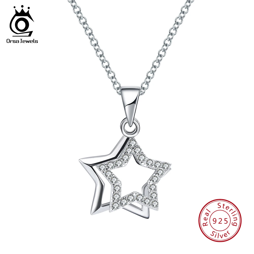 

ORSA JEWELS Trendy Summer Zirconia Double Star Pendant Necklace 925 Sterling Silver Star Shape Choker Chain Y2K Jewelry SN82