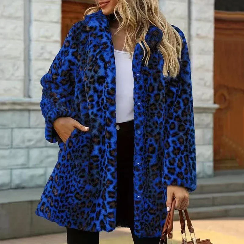 Europe Amérique femmes léopard fausse fourrure manteau longue mode décontracté lâche fourrure pardessus grande taille épais chaud coupe-vent en peluche manteau