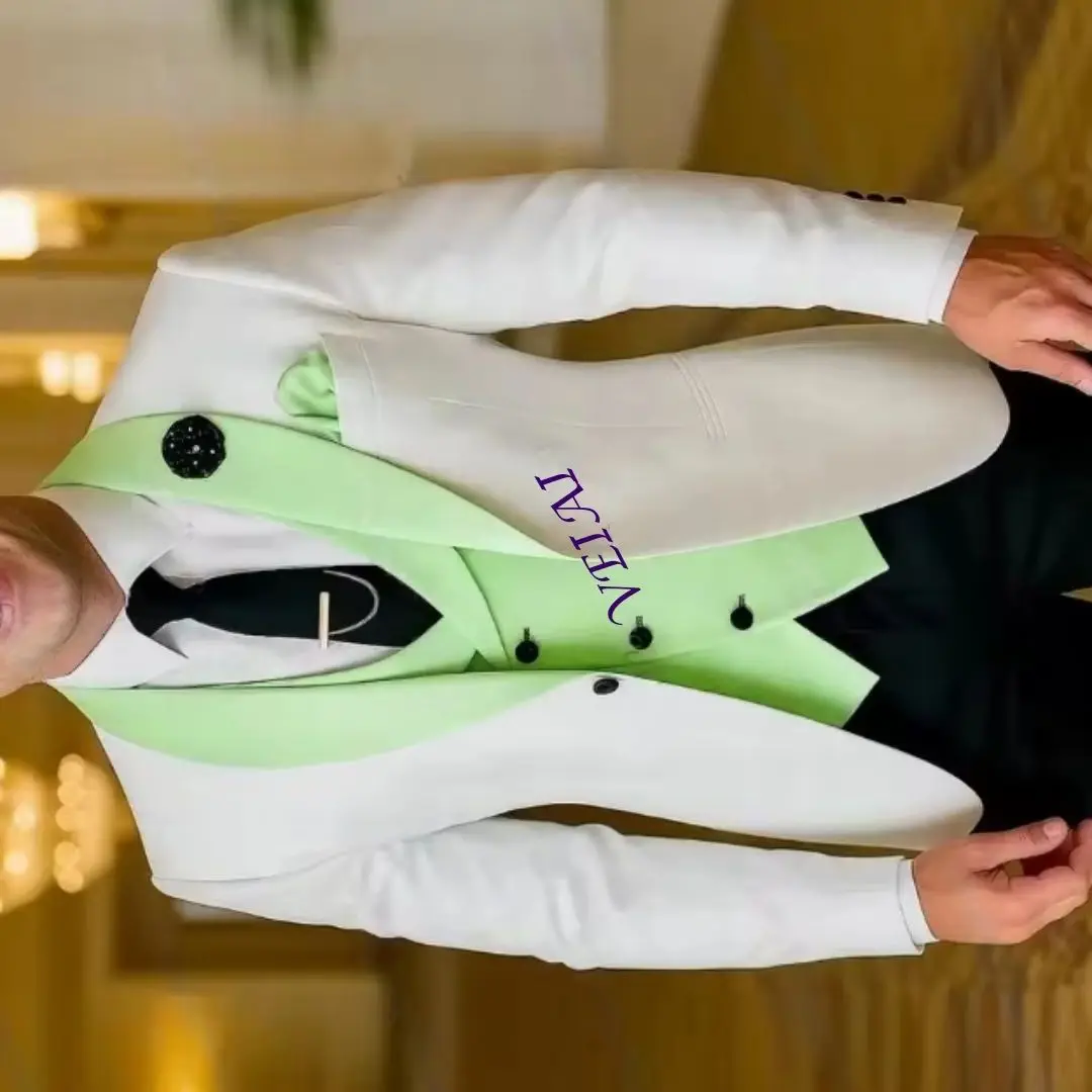 

Customized Men's 3-Piece Tuxedo Set - White Green Black - Blazer Vest Pants for Formal Occasions Groom Groomsman Wedding Party p