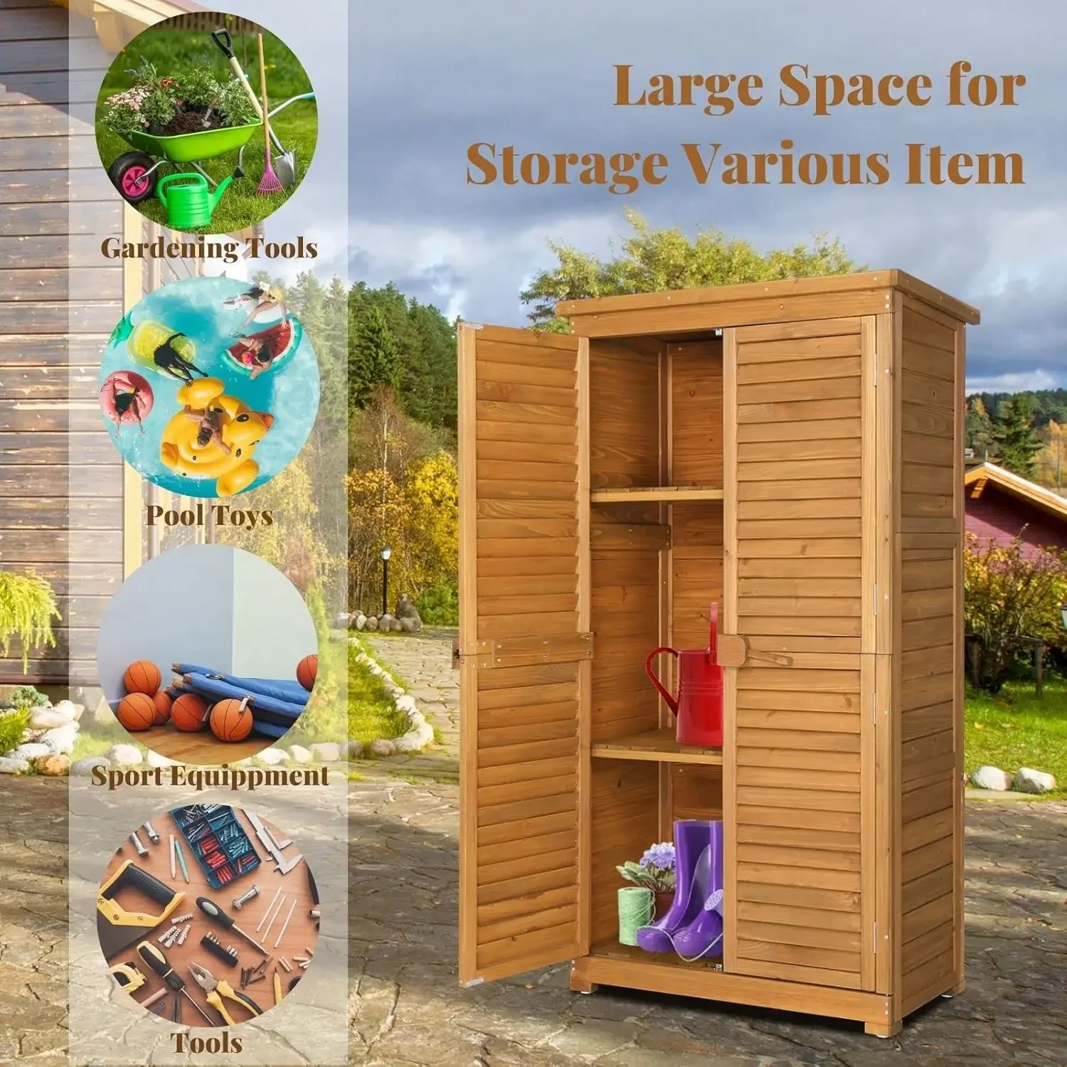 

Outdoor Storage Cabinet, 63in Wooden Garden Tools Shed with 2 Lockable Doors,3 Adjustable Shelves,Waterproof Roof for Yard Garge