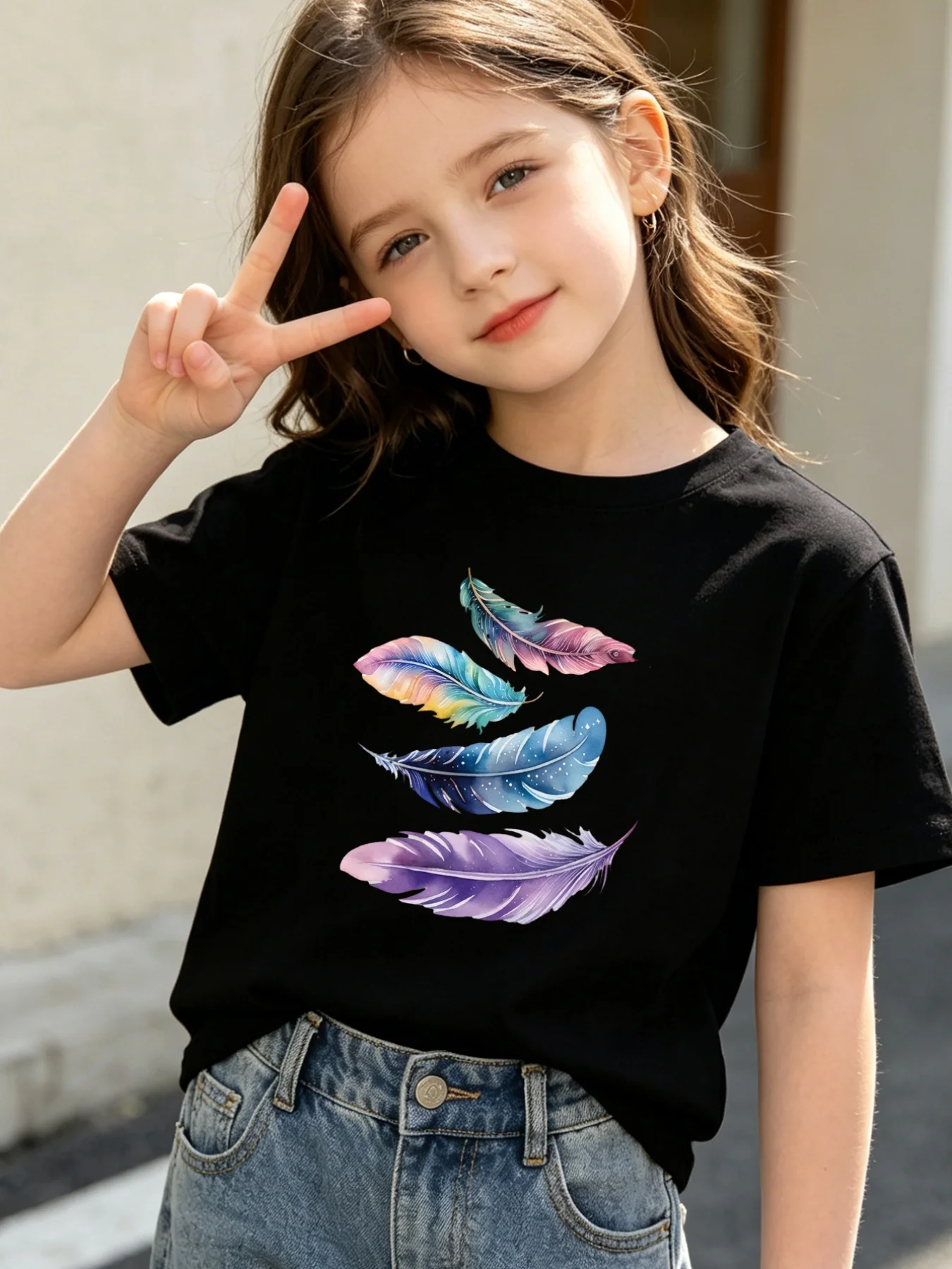 Parent Child Matching Tee Colorful Watercolor Feather Graphic Short Sleeve Cotton T Shirt Girl Boy Kids Spring Casual Daily Wear