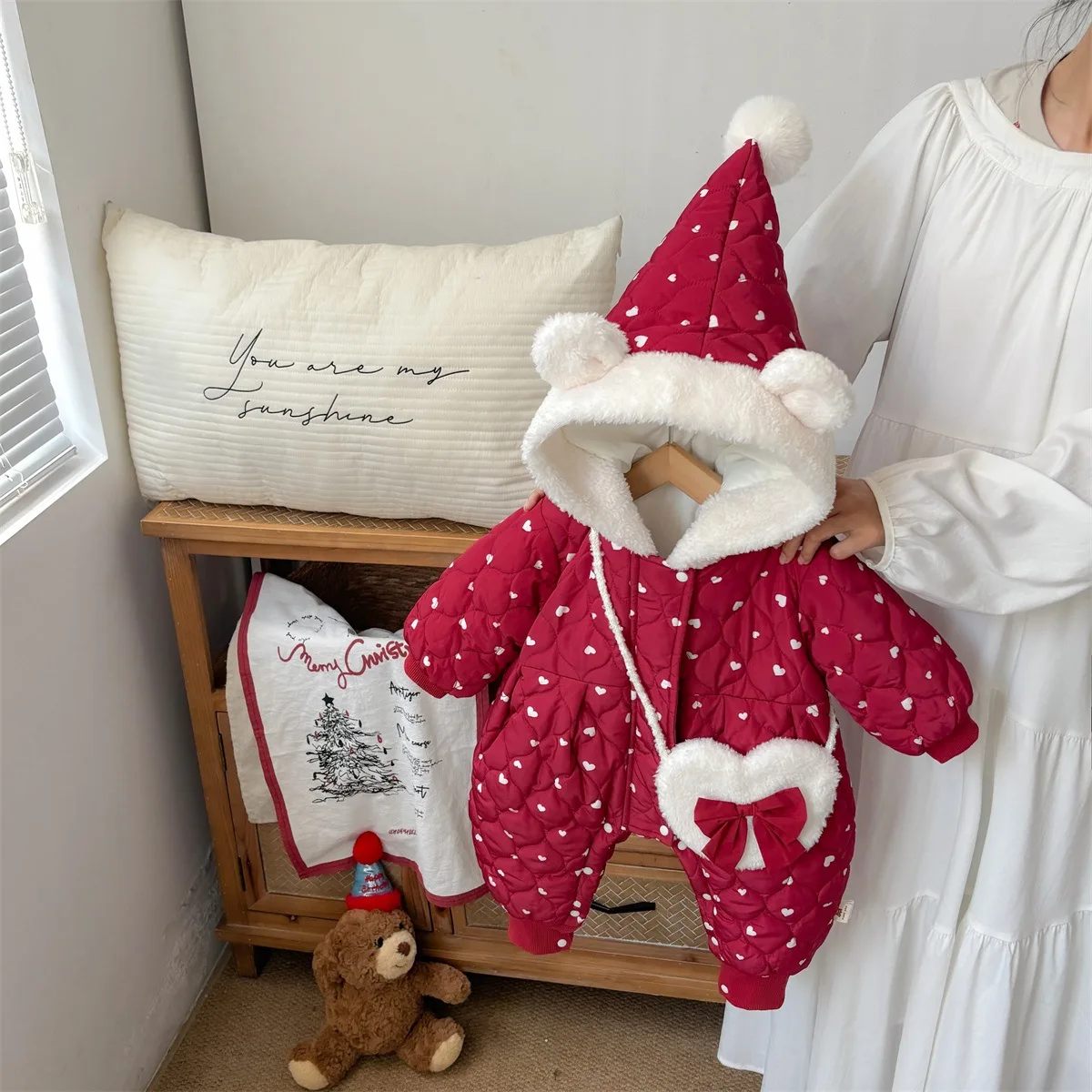 

Рождественские комбинезоны для маленьких девочек, новые зимние толстые теплые комбинезоны с капюшоном в горошек для маленьких девочек, комбинезоны для новорожденных девочек