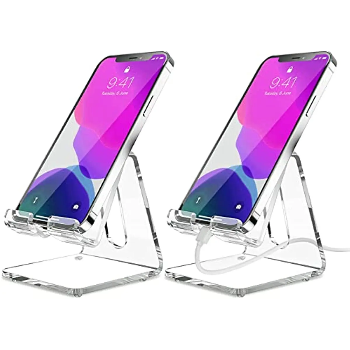 

2 Pack Acrylic Cell Phone Stand for Desk, Phone Holder, Dock, Cradle Compatible with iPhone,Samsung Galaxy, Smartphone