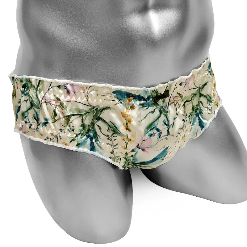 Men's Sissy Panties Satin Frilly Ruffled Floral Print Briefs Bow Crossdresser Lingerie Underwear