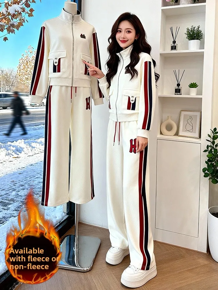 

Cool Casual Sportswear Set Women Winter Thickened Fleece Wide Leg Pants High Waist Top Bottoms Two Piece Set Comfortable Loos...