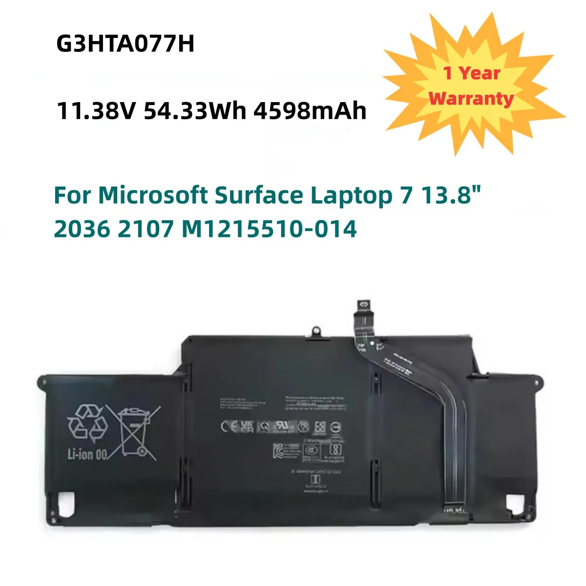 11.38V 54.33Wh 4598mAh G3HTA077H Laptop Battery For Microsoft Surface Laptop 7 13.8" 2036 2107 M1215510-014