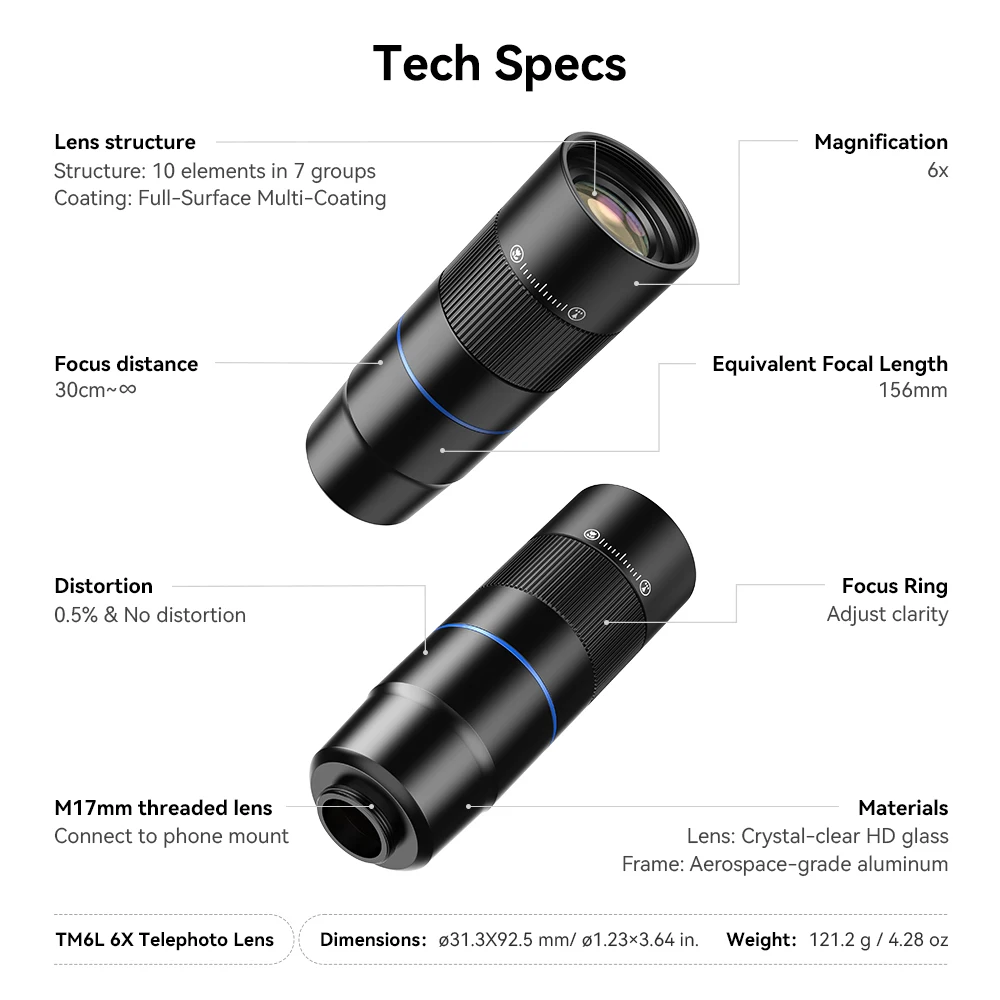 APEXEL Upgraded 2‑in‑1 Telephoto & Macro Phone Lens FMC 6X Optical Zoom Clip‑on Camera Lens for Smartphone Outdoor Photography