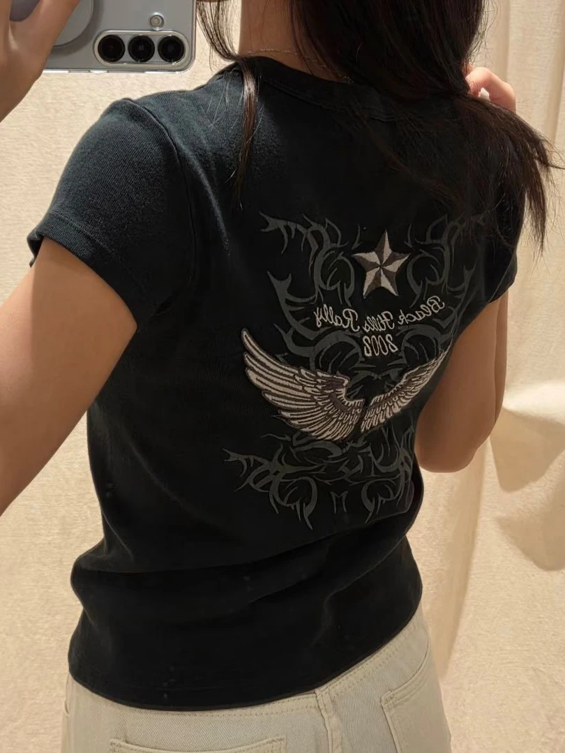 Back Wing Embroidery T-shirts Woman Summer Round Neck Short Sleeve Tshirt Top Female Vintage Streetwear Cotton Tee Tops New