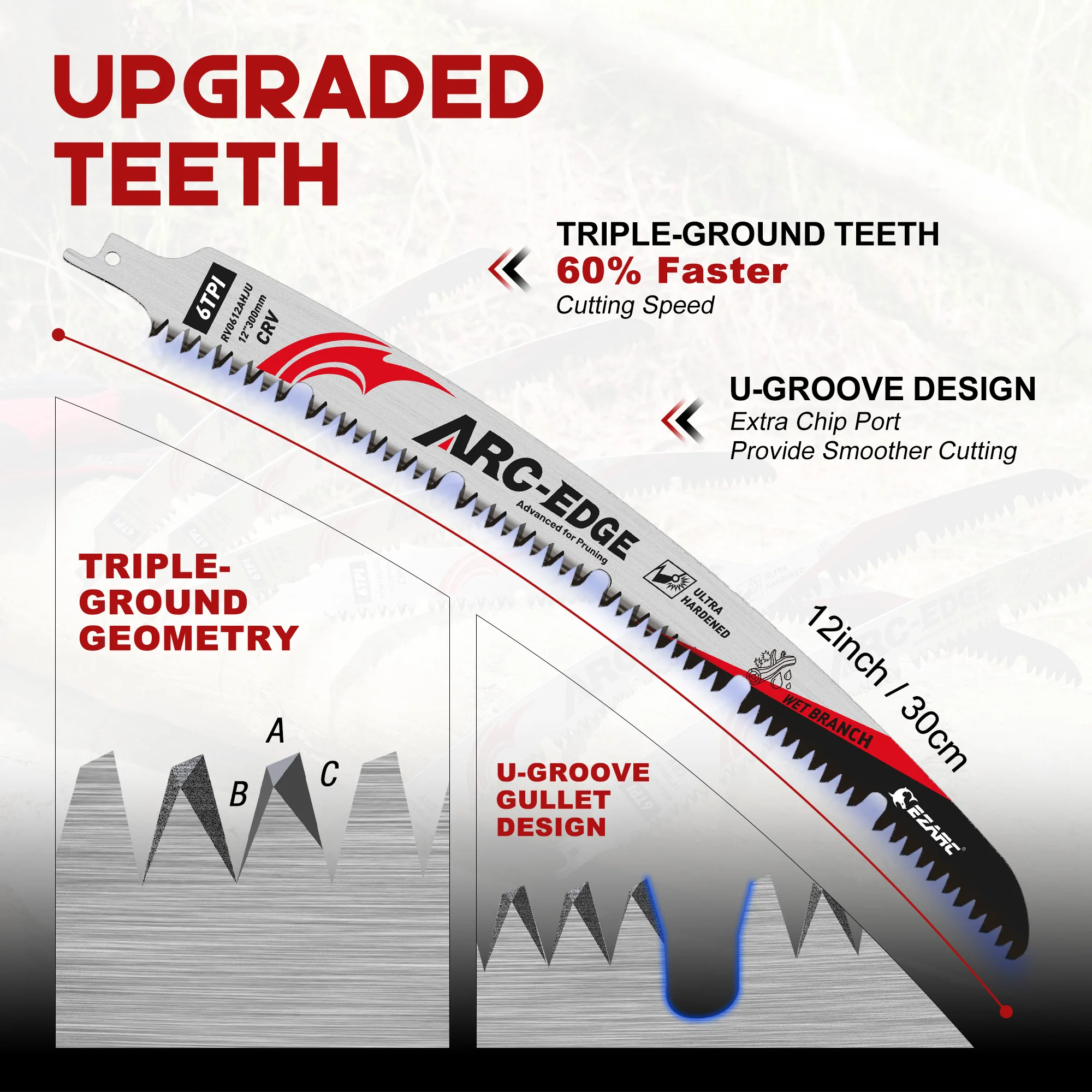 EZARC 3PC Arc Edge Reciprocating Saw Blades 300mm/380mm 6TPI U-Groove Chip Removal Saber Saw Blade for Tree Pruning Wood Cutting