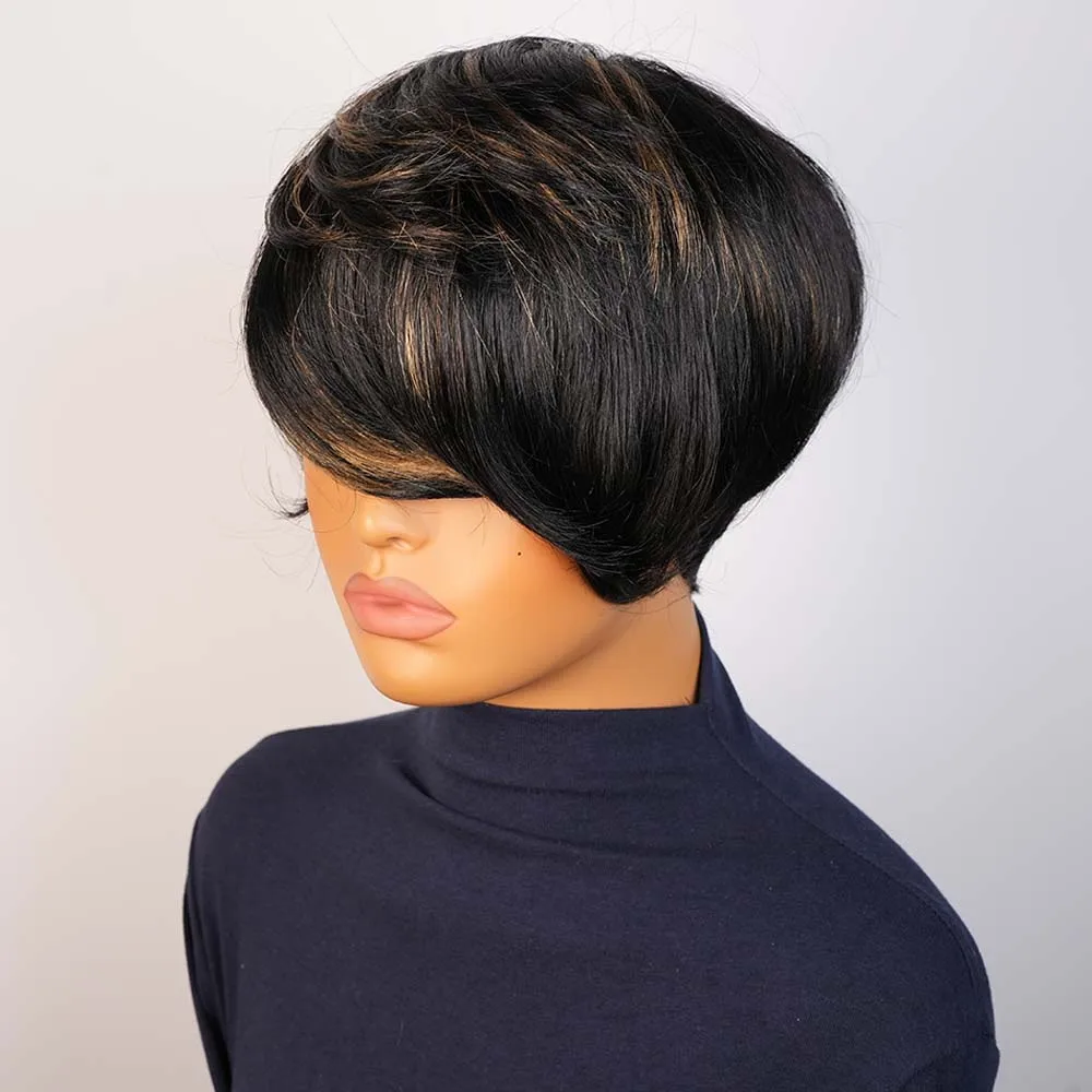 블랙 여성용 블론드 하이라이트 레이어드 숏 픽시 가발, 인모 풀 머신 메이드 밥 가발, 앞머리 포함 스트레이트