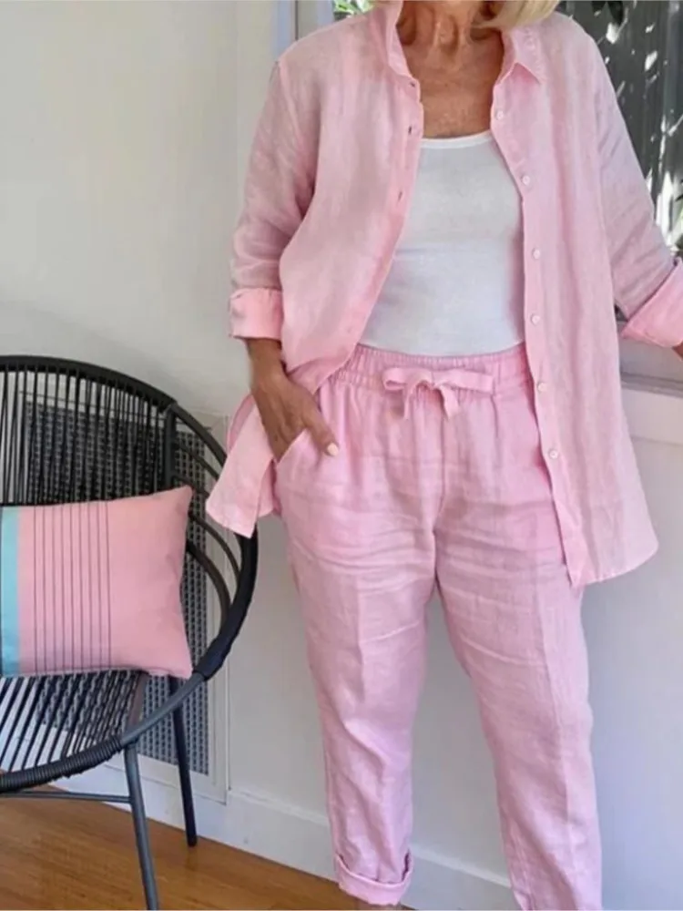 Women Fashion Pocket Cotton Linen Sets Spring Summer Loose Long Sleeve Shirt Long Pants 2 Piece Sets Casual Office Ladies Suit - Image 2