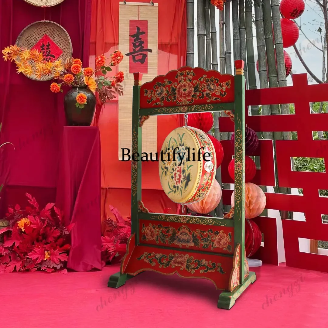 A178   Painted solid wood drum frame, solid wood frame war drum vertical type, integrated temple and temple drums