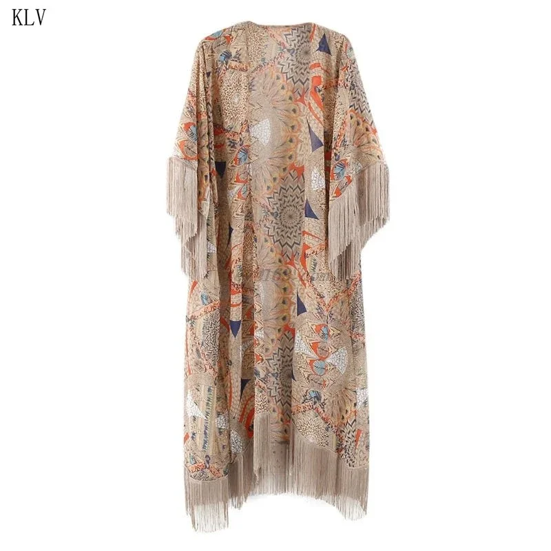 2021 Retro Printed Half Sleeve Cardigan Kimono Boho Fringed Tassels Cover Up Ankle Length Cape Beach Swimsuit